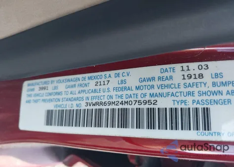 2004 Volkswagen Jetta Gl Tdi z USA, uszkodzony, nr VIN 3VWRR69M24M075952